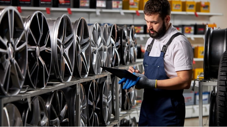 male employee checking car alloy wheels